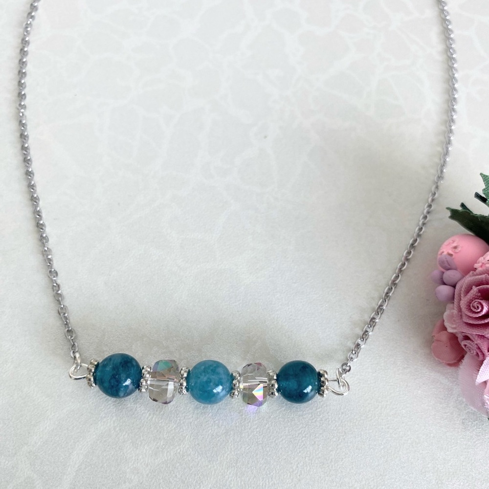 Silver Necklace with Teal Blue Chalcedony Bead and gray crystal bead Accents